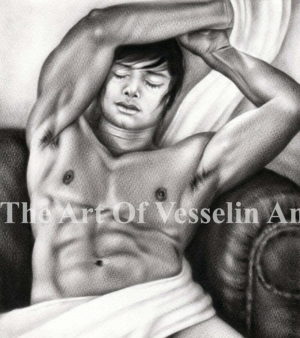A black & white male oil painting representing a nude man with a muscular body and closed eyes resting on a sofa. There is a white sheet over part of the genitals of the naked man in the picture.
