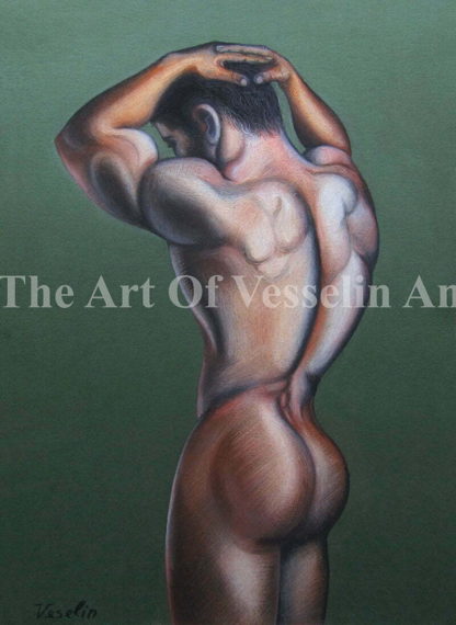 An authentic print of an original male nude pastel drawing titled 'Under Arrest'.