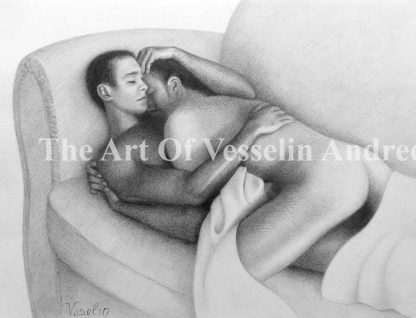 An authentic print of an original male nude graphite pencil drawing titled 'Fallen In Love'.