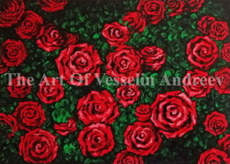 A flower oil painting representing a rose garden. There are a lot of red roses placed everywhere in the picture, big and small. There is a green vegetation between the roses as well.