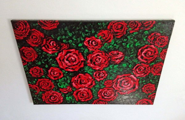 A flower oil painting with vivid and saturated colors titled 'Roses'.