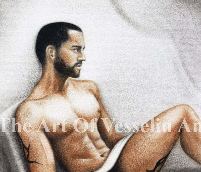 An authentic print of an original male nude oil painting titled 'Nice Man'.