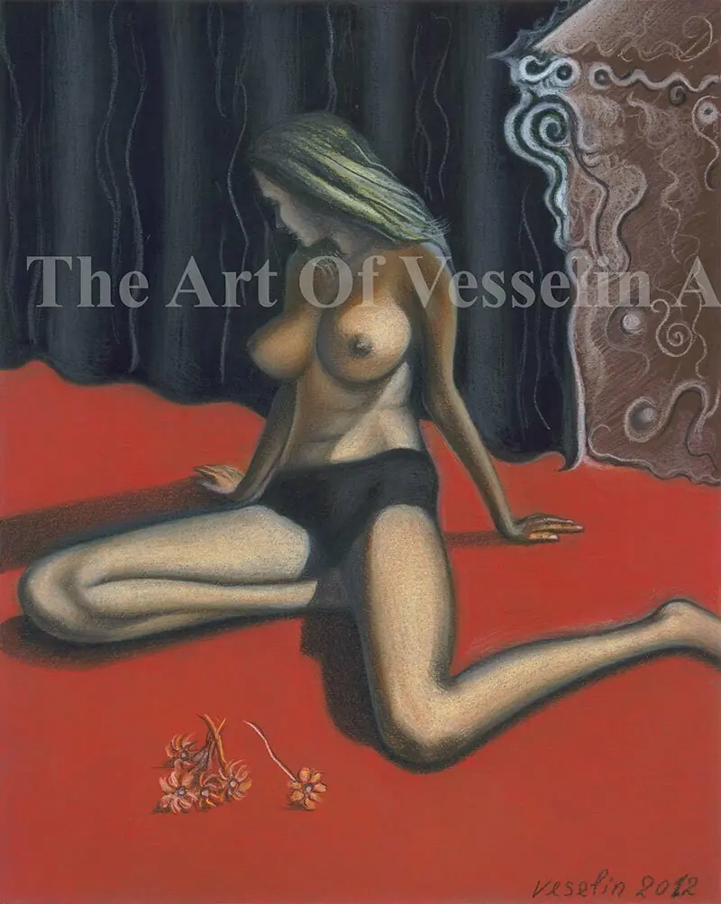 An authentic print of an original female nude pastel drawing titled 'Untitled'.