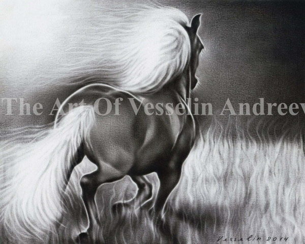 A black & white oil painting representing a beautiful wild horse running freely in the open field. We, the viewers, see the horse at the back in the picture with its white flowing mane and also white tail. There is a dark background in the distance.