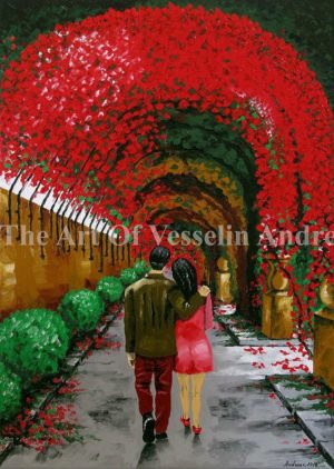 A landscape painting representing a fallen in love couple walking on something like a road to paradise. The hugging couple is wrapped in a lot of red, green and brown vegetation on the right and on the top and with big round green bushes on the left.