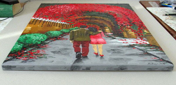 An original landscape oil painting with vivid and saturated colors titled 'Fallen In Love'.