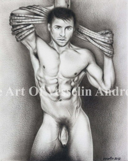 An authentic print of an original male nude oil painting titled 'The Captive'.