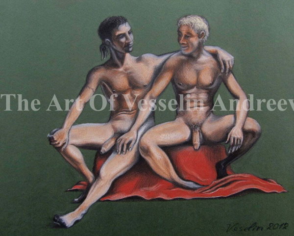An authentic print of an original male nude pastel drawing titled 'Friends'.