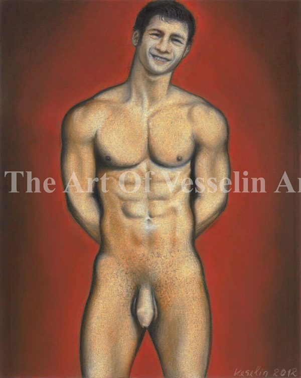 An authentic print of an original male nude pastel drawing titled 'Smiling Man'.