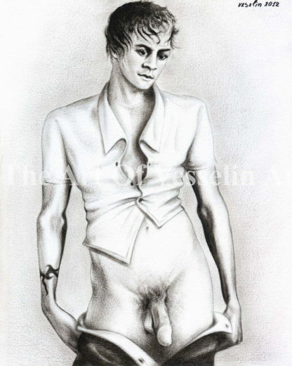 An authentic print of an original male nude oil painting titled 'Young Man Is Undressing'.