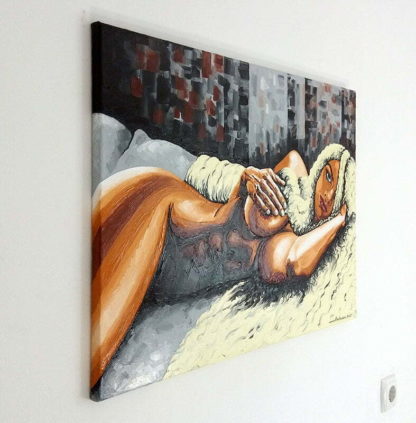 An original female nude oil painting with vivid and saturated colors titled 'Lioness'.