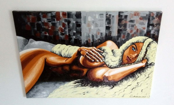 An original female nude oil painting with vivid and saturated colors titled 'Lioness'.