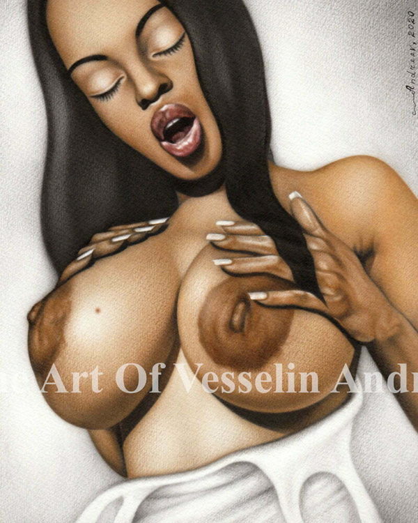 An erotic female oil painting representing a black nude woman. The beautiful lady is with hands place on her big breasts above big brown areolas. She is with open mouth, closed eyes and has a black hair. Part of her white top is visible under the tits.