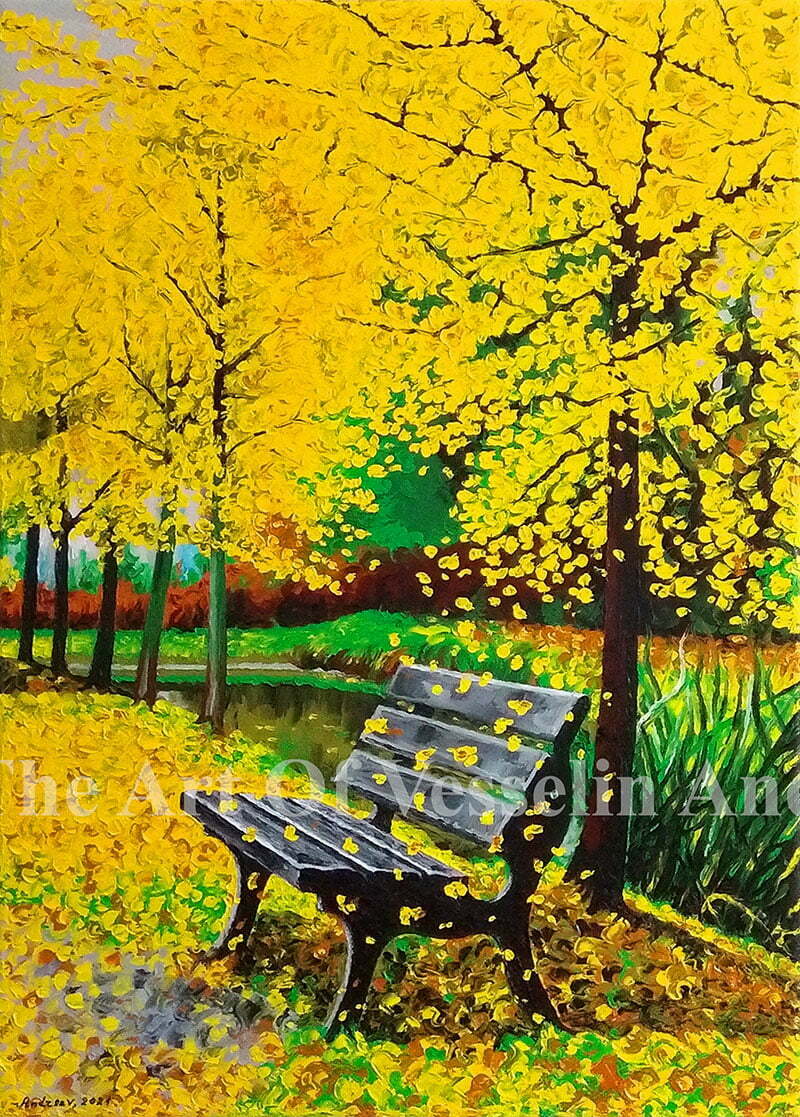 An original landscape oil painting with vivid and saturated colors titled 'Autumn'.