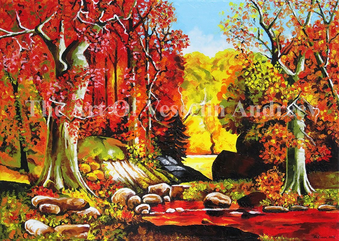 A landscape oil painting representing a colorful autumn. The forest is pictured with a lot of colors like red, orange, brown, light green, light blue for the sky and also yellow for the wood in the distance. A brook reflects the red and orange wood.