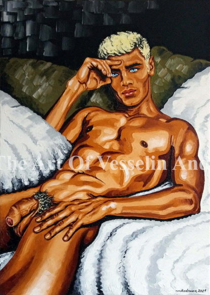 A male oil painting representing a nude man with a blond hair sitting over a thick white blanket on a green sofa. There is a black background behind the sofa with the naked man in the picture.