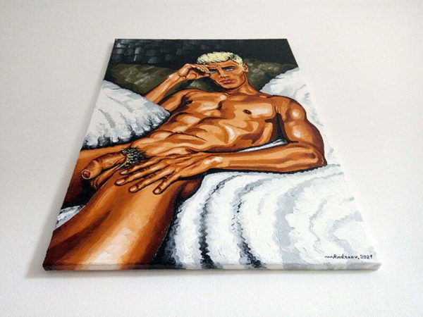 An original male nude oil painting with vivid and saturated colors titled 'Man Posing'.