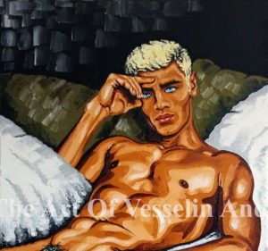 A male oil painting representing a nude man with a blond hair sitting over a thick white blanket on a green sofa. There is a black background behind the sofa with the naked man in the picture.