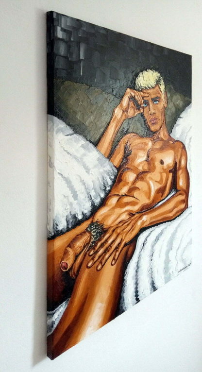 An original male nude oil painting with vivid and saturated colors titled 'Man Posing'.