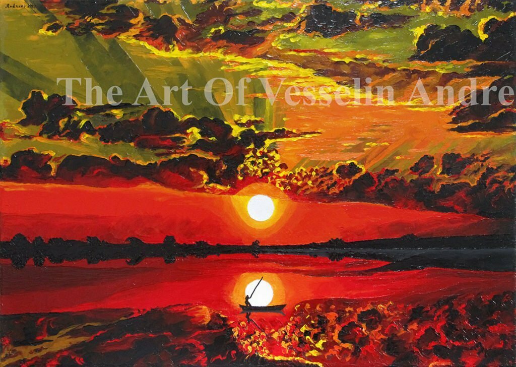 A seascape painting representing a sunset. The sky is in red, orange, green and yellow. The sun is in white. The clouds are in dark brown. The coast is in black and all of this is reflected in the water. There is a fisherman with a boat in the water.