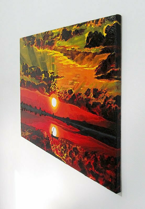 An original seascape oil painting with vivid and saturated colors titled 'Sunset'.