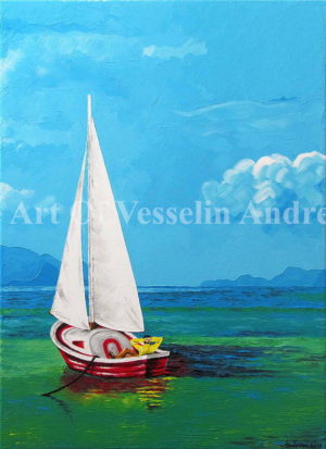 A seascape oil painting representing a man resting in a yacht with red and white colors. The yacht is at anchor and under sail. The sea water has a greenish tone. There are mountains in the distance and some fluffy clouds in the wide light blue sky.
