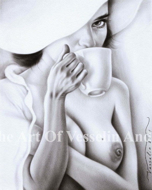 An authentic print of an original female nude oil painting titled 'Beautiful Woman Drinking Milk'.