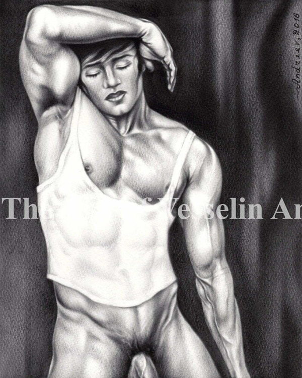 An authentic print of an original male nude oil painting titled 'Nice Man'.