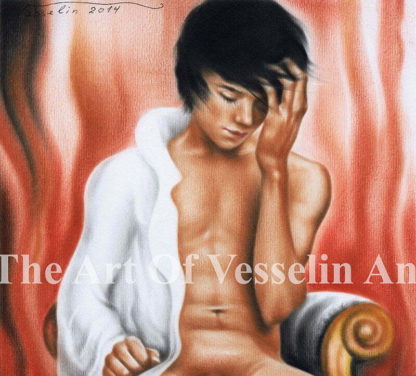 An authentic print of an original male nude oil painting titled 'Shy Boy'.