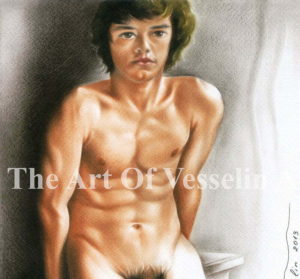 An authentic print of an original male nude oil painting titled 'Young Man Posing'.