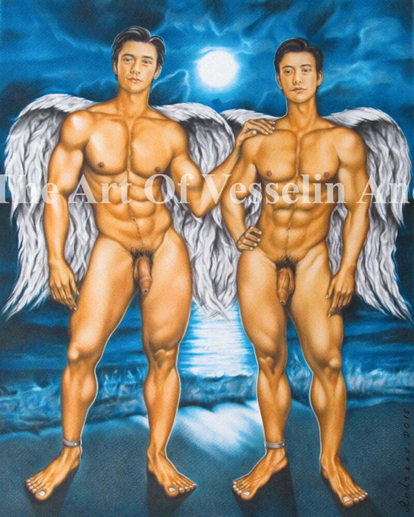 An authentic print of an original male nude oil painting titled 'Angel Twins'.