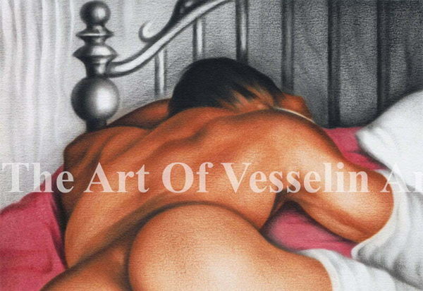 An authentic print of an original male nude oil painting titled 'Sleeping Man'.