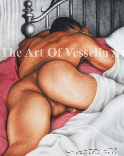 An authentic print of an original male nude oil painting titled 'Sleeping Man'.