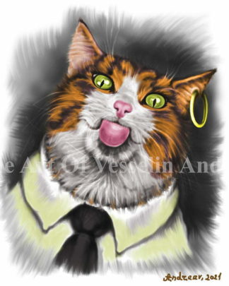 A colored digital painting representing a funny picture with a red tabby cat with stuck-out tongue. The cat is looking at us, the viewers, wearing a yellow shirt with white patterns and a black necktie. The cat has a gold earring on the left ear.