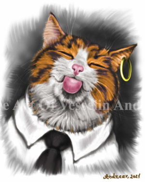 A colored digital painting representing a funny picture with a red tabby cat with stuck-out tongue and closed eyes. The cat wears a white shirt and a black necktie. The cat has a gold earring on the left ear as well.