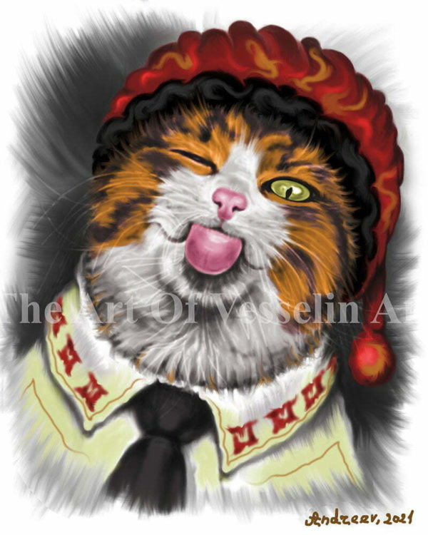 A colored digital painting representing a funny picture with a red tabby cat with stuck-out tongue and closed eye. The cat is looking at us, the viewers, wearing a red hat with a tassel, a yellow shirt with red patterns and a black necktie.