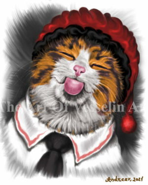 A colored digital painting representing a funny picture with a red tabby cat with stuck-out tongue and closed eyes. The cat wears a red and black hat with a tassel, a white shirt with red patterns and a black necktie.