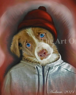 A colored digital painting representing a funny picture with a small red-haired dog with beautiful sad blue eyes. The puppy is looking at us, the viewers, wearing a red winter hat with a tassel and a grey sweatshirt. There is a red background behind.