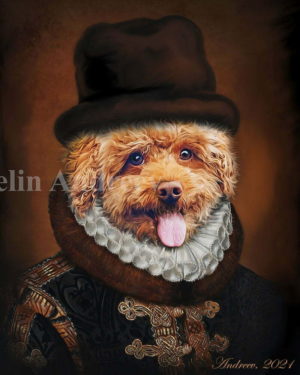 A colored digital painting representing a funny picture with a red-haired Bolognese dog with stuck-out tongue. The dog is looking at us, the viewers, wearing a costume from the Victorian era and a dark brown bowler hat.