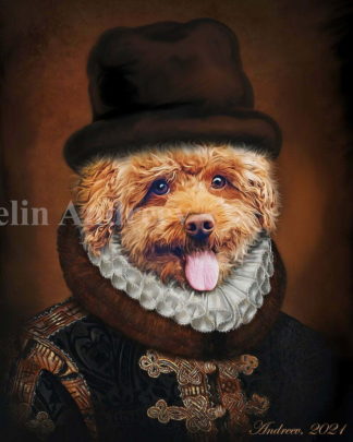 A colored digital painting representing a funny picture with a red-haired Bolognese dog with stuck-out tongue. The dog is looking at us, the viewers, wearing a costume from the Victorian era and a dark brown bowler hat.