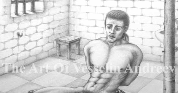 An authentic print of an original male nude graphite pencil drawing titled 'The Prisoner'.