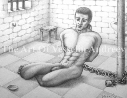 An authentic print of an original male nude graphite pencil drawing titled 'The Prisoner'.