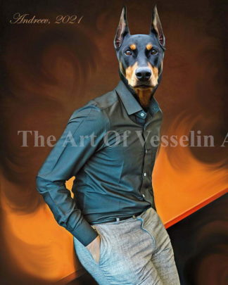 A colored digital painting representing a portrait of a Doberman in an office. The dog has a human body with hands in the pockets and is looking at us, the viewers, with a serious look. The Doberman wears a luxury dark grey shirt and grey pants.