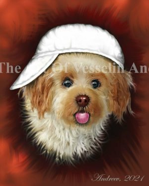 A colored digital painting representing a funny picture with a red-haired Bolognese dog with stuck-out tongue. The dog is looking at us, the viewers, wearing a white cap. There is a red and brown background behind the dog as well.