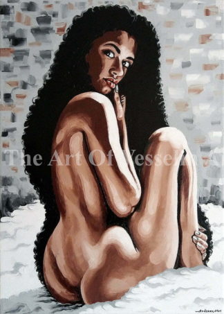 An authentic print of an original female nude oil painting titled 'Are You Thinking What I'm Thinking?'.