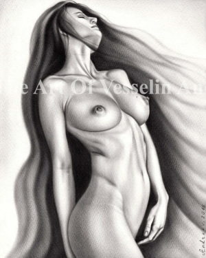 An authentic print of an original female nude oil painting titled 'Goddess'.