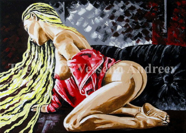 An authentic print of an original female nude oil painting titled 'The Girl With The Long Hair'.