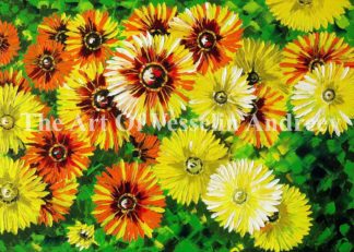An authentic print of an original flower oil painting titled 'Chrysanthemums'.