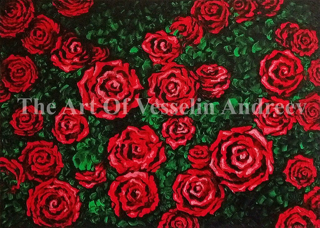A flower oil painting representing a rose garden. There are a lot of red roses placed everywhere in the picture, big and small. There is a green vegetation between the roses as well.