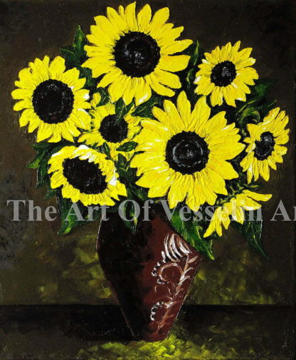A flower oil painting representing sunflowers placed in a brown ceramic vase. The sunflowers have different size and bright yellow color. Several green leaves are visible between the sunflowers as well.